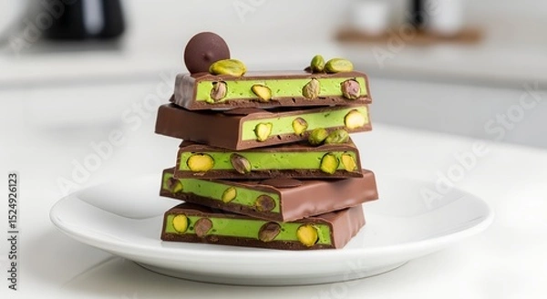 Obraz Elegant stack of chocolate bars with pistachio cream on white plate, concept of artisan sweets and indulgent flavor