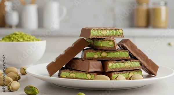Obraz Stack of gourmet chocolate bars with green pistachio filling on plate, concept of luxury dessert and exotic flavor