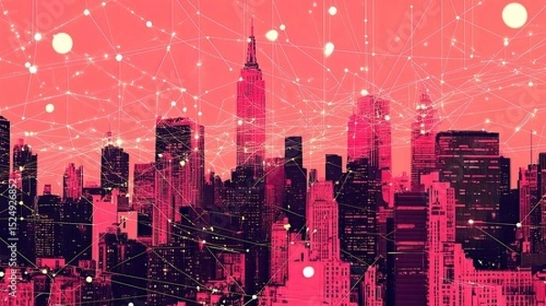 Fototapeta A vibrant cityscape, connected by a network of lines