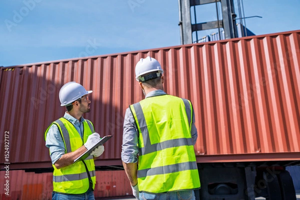 Obraz Logistics engineer and inspector working and discuss in shipping container in commercial transport port