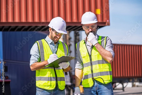 Obraz Logistics engineer and inspector working and discuss in shipping container in commercial transport port
