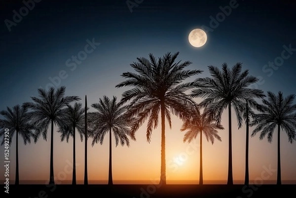 Fototapeta The evening twilight sky is set against a starry night sky with a coconut palm tree and a romantic ambiance