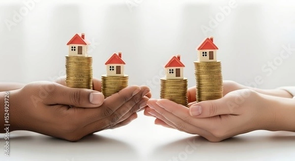 Obraz Black and white hands holding stacks of gold coins topped with houses, symbolizing diverse real estate investment