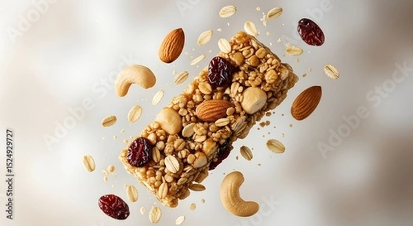 Obraz Floating granola bar with almonds, cashews, oats, and cranberries isolated on soft neutral background