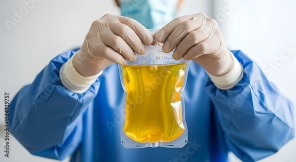 Obraz Medical worker in gloves and mask holding up a transparent bag of yellow plasma in a clinical setting