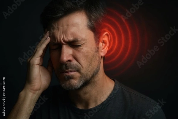 Obraz Man holding his head in pain with a red target near his ear, representing severe headache or tinnitus symptoms.