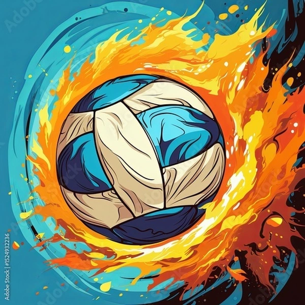 Fototapeta Dynamic Handball Illustration Fiery Ball in Motion with Abstract Swirls Background Design