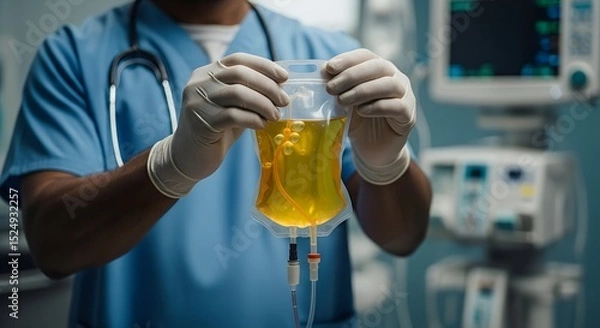 Obraz Healthcare provider in scrubs examining a yellow IV bag in hospital setting with medical equipment