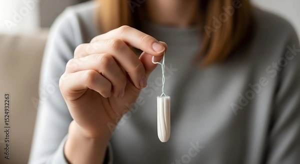 Obraz Close-up of woman holding a white tampon by the string, demonstrating menstrual hygiene product