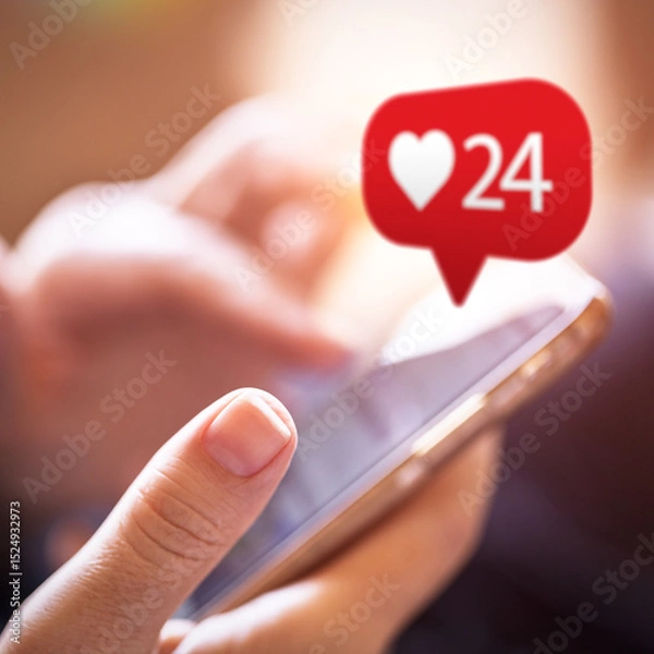 Fototapeta Female hand touching like button while using social media app on a smart phone. Social media interactions on mobile phone. Technology, internet and networking,  