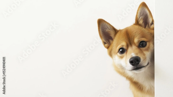 Fototapeta Curious corgi peeks around the corner in a cozy home setting