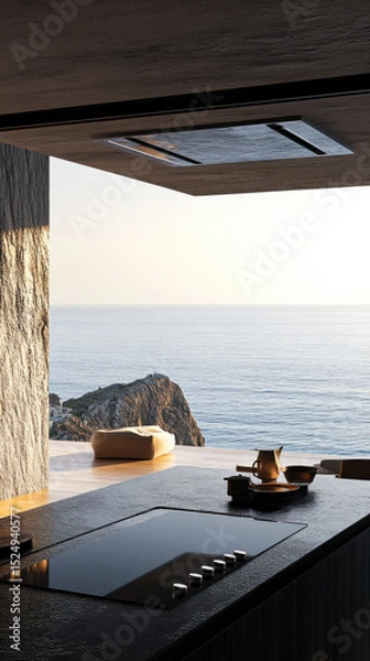 Fototapeta Stunning coastal view from a modern kitchen overlooking the serene ocean at sunset in a tranquil setting