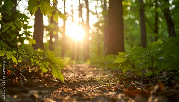 Fototapeta Low-angle view of sunlight breaking through leaves, warm golden hour tones