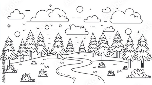 Fototapeta Simple line drawing of a forest landscape