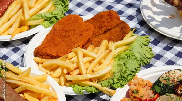 Fototapeta cutlets and french fries in the dish on the table with a bed of green lettuce leaves at the village festival