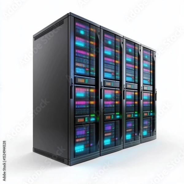 Fototapeta High-quality 3D icon of a server rack showcasing modern technology and vibrant LED design with isolated white background perfect for digital media