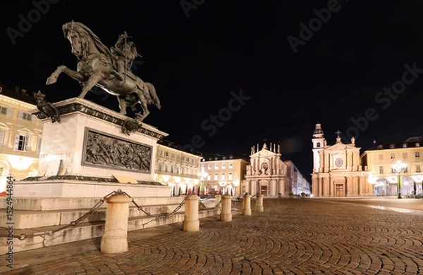 Fototapeta equestrian statue and twin Churches in the square called Piazza San Carlo in Turin City in Northern Italy