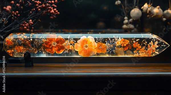 Obraz Crystal bar with embedded flowers on wooden surface; dried plants background