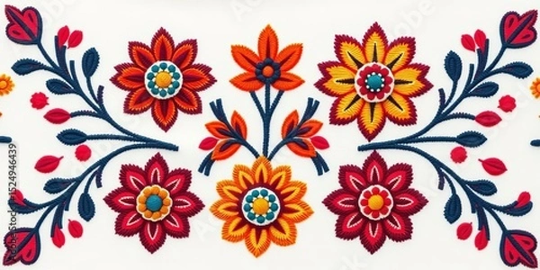 Fototapeta Intricate embroidered ikat floral pattern in Aztec tribal style, white background,  textile,  geometric