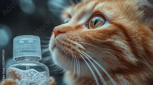 Obraz Curious ginger cat sniffing a clear bottle with bubbly liquid, bokeh background