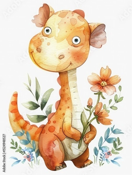 Fototapeta A whimsical watercolor illustration of a cute orange dinosaur holding a flower. The background is white with soft pastel colors and floral elements.