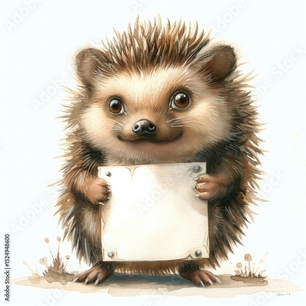 Fototapeta A cute hedgehog holds a blank sign. The illustration features soft pastel colors on a white background, resembling a children's book style with whimsical elements.