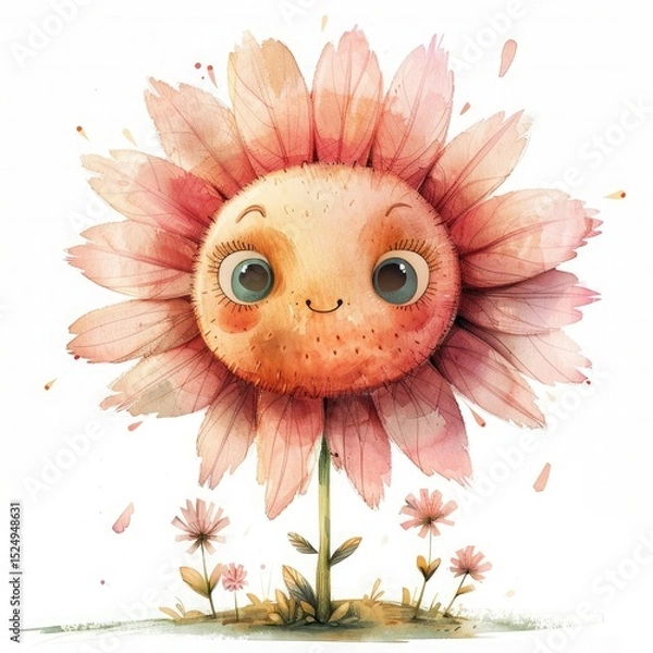 Fototapeta A whimsical flower character with a smiling face and large eyes. The flower has soft pink petals and a round, cheerful center. The background is white with small flowers.