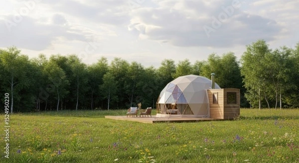 Obraz Geodesic dome tent and wooden deck on a vibrant wildflower meadow with forest in the background. Glamping resort. Luxurious outdoor living concept.
