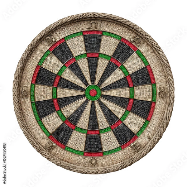 Obraz Circular dartboard, light brown wood, black, red, and green sections, rope-like border