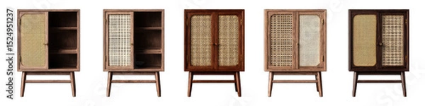 Obraz Four matching small wooden cabinets with patterned doors and shelves