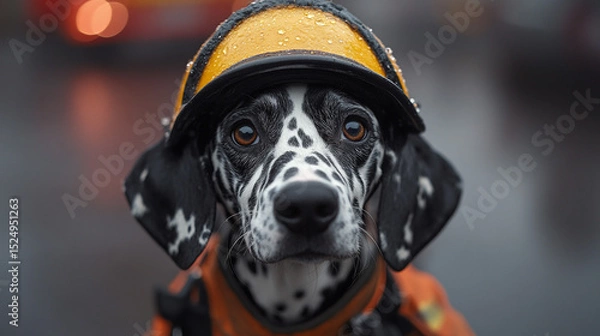 Obraz Dalmatian rescue dog in rain gear, firetruck background
