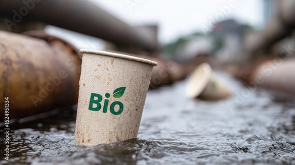 Fototapeta Biodegradable paper cup floating in polluted water near industrial pipes, symbolizing environmental irony and ecological challenges of waste and sustainability in urban areas.