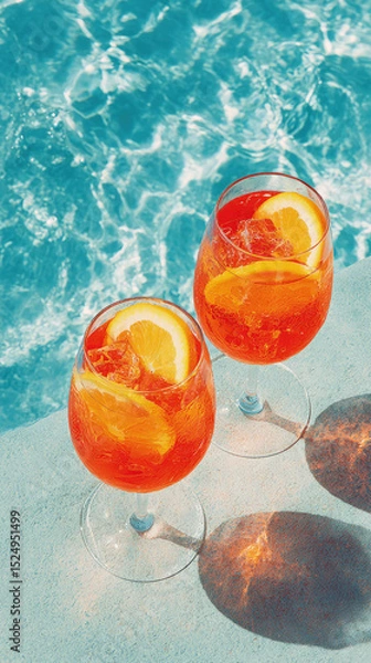 Fototapeta Refreshing summer cocktails with orange slices by a sunny poolside.