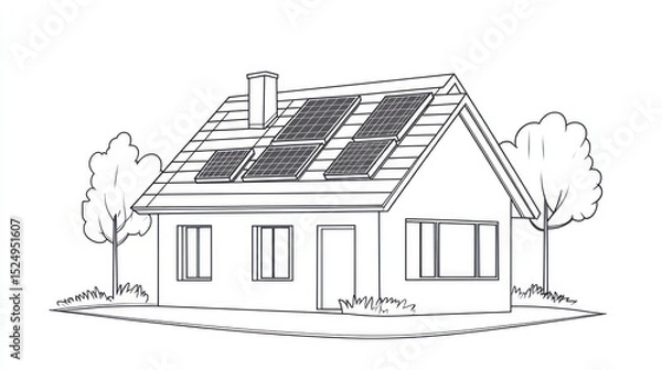 Fototapeta Simple sketch of a house with solar panels on the roof, situated amidst trees