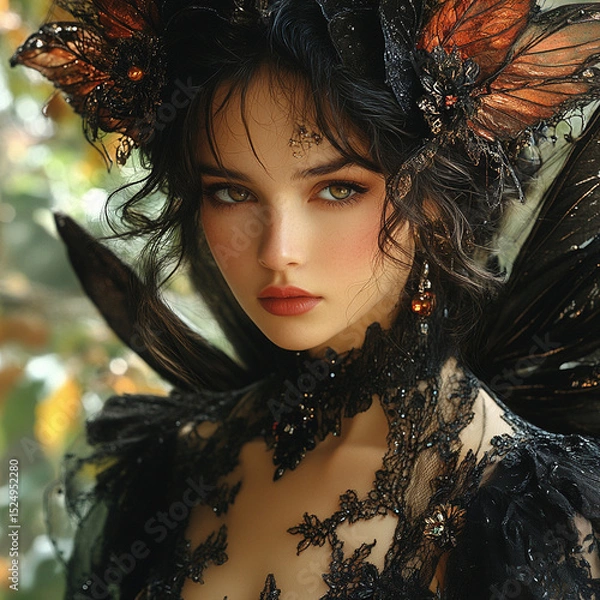 Obraz Dark Fairy with Orange Wings in Enchanted Forest