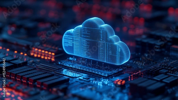 Obraz Data Cloud Hovers Over Circuit Board with Code Display