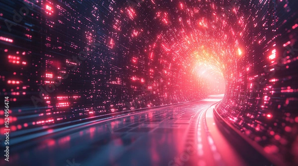 Obraz Data stream tunnel with light at end, digital matrix background