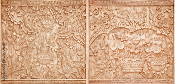 Fototapeta Pattern of flower carved on wood background on the wall of temple Thailand