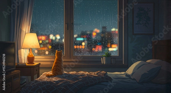 Fototapeta Ginger cat looking out the window at rain in cozy bedroom at night  