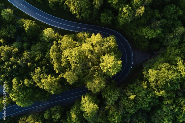 Fototapeta street between large trees from top with drone aerial view, landscape
