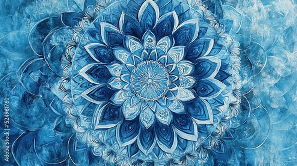 Fototapeta Intricate blue mandala pattern with detailed symmetrical floral design and abstract watercolor background, vibrant artistic, decorative kaleidoscope art