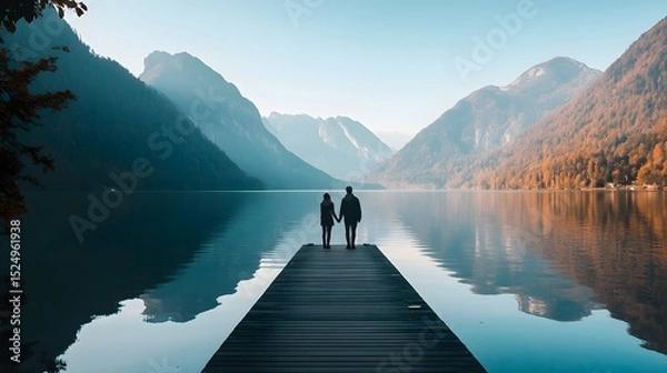 Fototapeta Two people walking hand in hand on a pier overlooking a calm lake with mountains in the distance