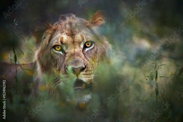 Fototapeta Male lion peers through dense bush in Central Kalahari Game Reserve, Botswana. Ideal for: African wildlife visuals, predator behavior studies, safari and conservation storytelling.