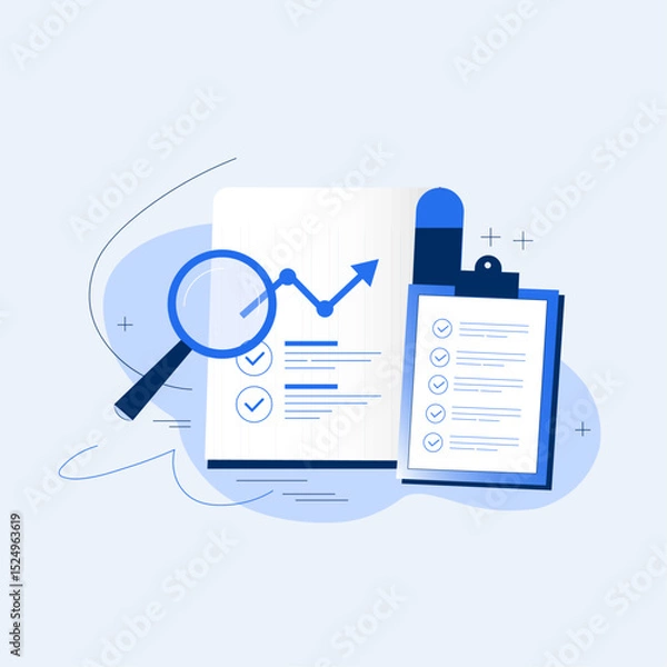 Fototapeta Illustration of clipboard with checklist, magnifying glass, and upward graph symbolizing analysis and progress. blue and white color scheme adds professional touch
