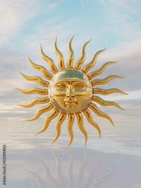 Obraz Golden metallic sun sculpture with a face, positioned against a light blue sky and reflective water. Solstice, equinox concept. 