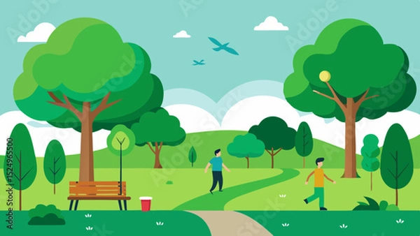 Obraz Green Park Landscape with Walking Trails and Benches Vector Illustration