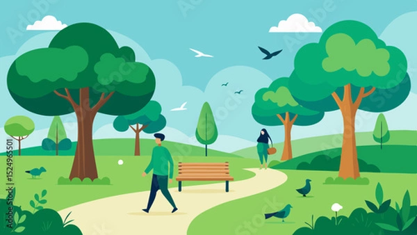 Obraz Green Park Landscape with Walking Trails and Benches Vector Illustration