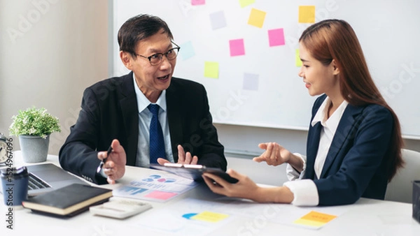 Obraz A man and a woman are sitting at a desk with a white board behind them