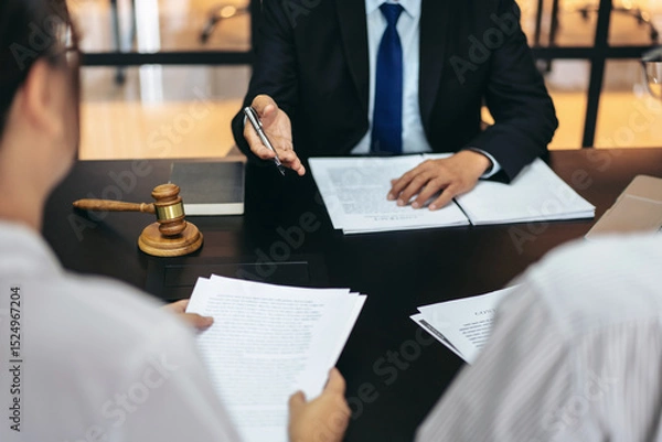 Obraz A man in a suit is sitting at a table with two other people