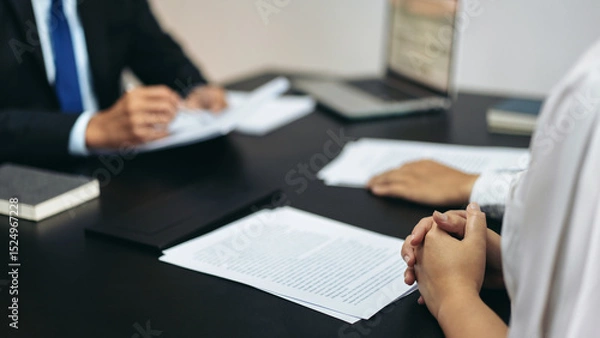 Obraz A man and a woman are sitting at a table with papers in front of them